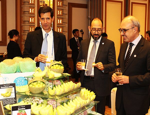 G20茨城つくば貿易・デジタル経済大臣会合での県産食材によるおもてなし 茨城県産フルーツを前に歓談する参加者